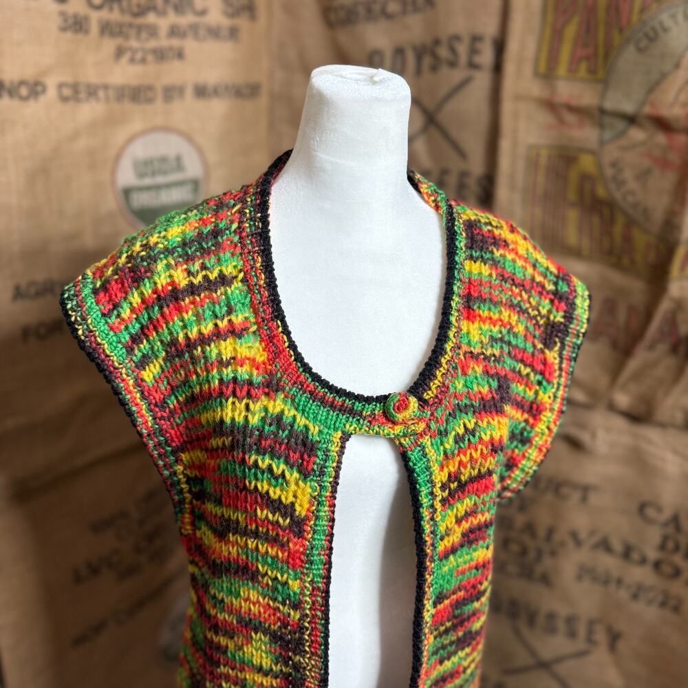 Handmade Crochet Long Cardigan Vest Rasta Boho Festival Open Front Pockets - Picture 2 of 7
